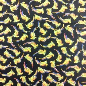 Tropical Toucan/Parrot Print on Black Rayon Fabric.
